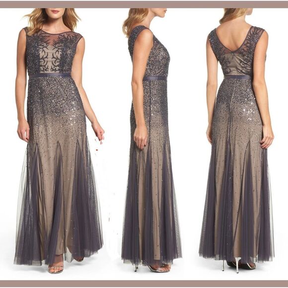 Adrianna Papell Illusion Beaded Chiffon Gown Gunmetal $300